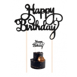 Topper dekoracja na tort napis HAPPY BIRTHDAY czarny brokat